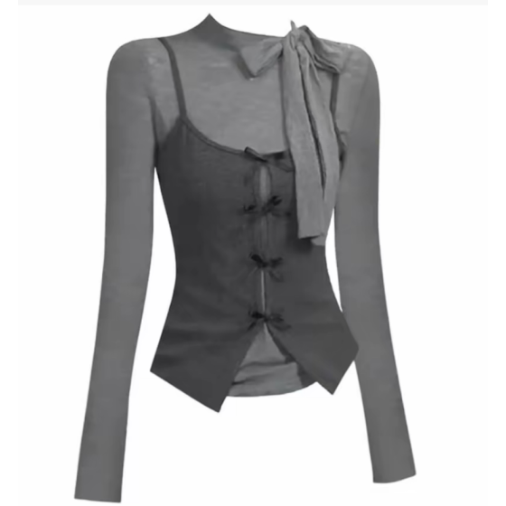 灰色蝴蝶結拼接套裝