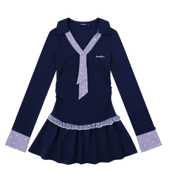 A short dress with a cinched waist in the school style