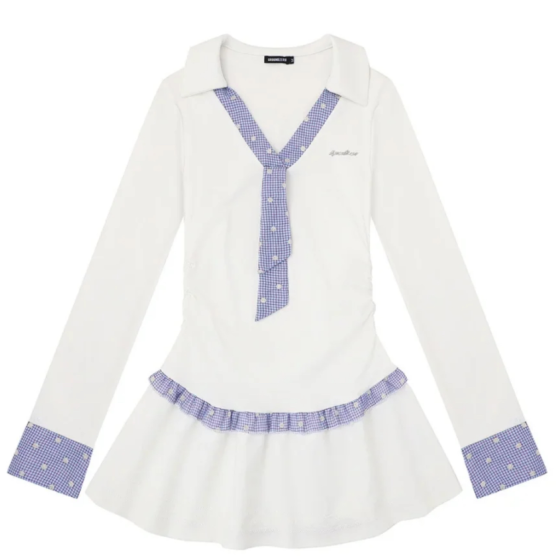 A short dress with a cinched waist in the school style