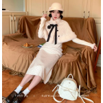 Apricot-colored polka dot cape suit