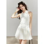 收腰無袖翻領連衣裙