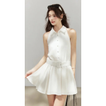 收腰無袖翻領連衣裙