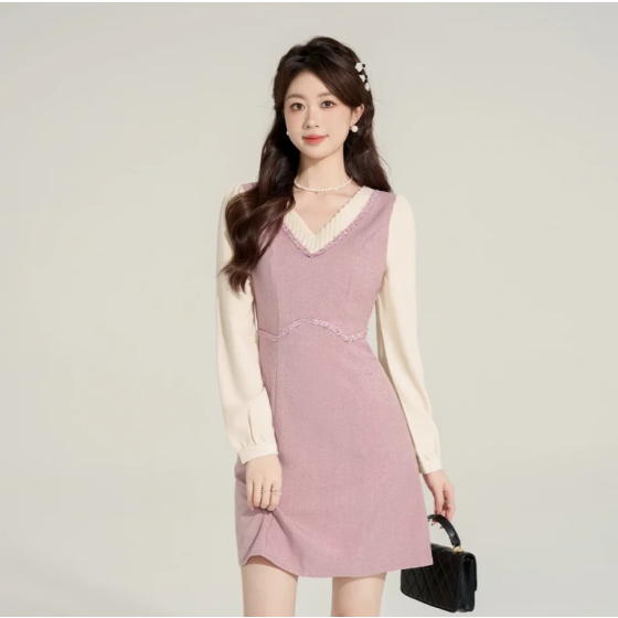 法式氣質V領連衣裙