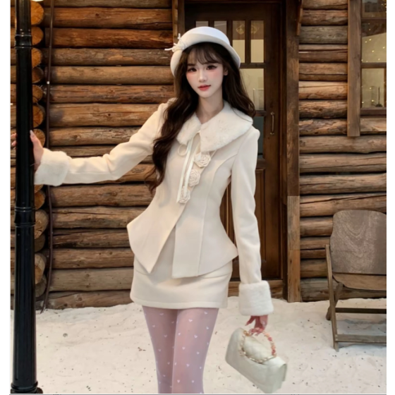 千金毛領毛呢外套短裙名媛風兩件套裝