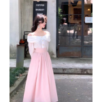 刺繡蝴蝶結一字肩芭蕾洋裝