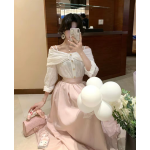 刺繡蝴蝶結一字肩芭蕾洋裝