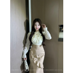 法式氣質收腰荷葉邊魚尾套裝