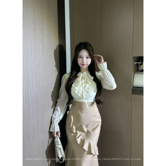 法式氣質收腰荷葉邊魚尾套裝