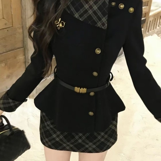 撞色毛呢薄款收腰上衣高腰格子短裙腰帶套裝