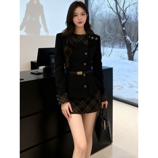 撞色毛呢薄款收腰上衣高腰格子短裙腰帶套裝