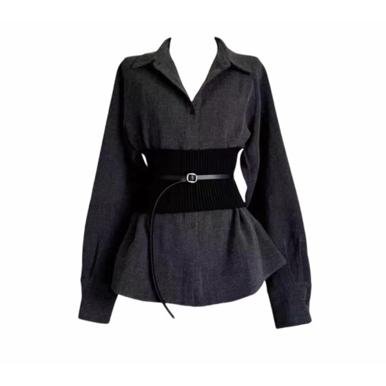 高级灰色衬衫腰封收腰上衣