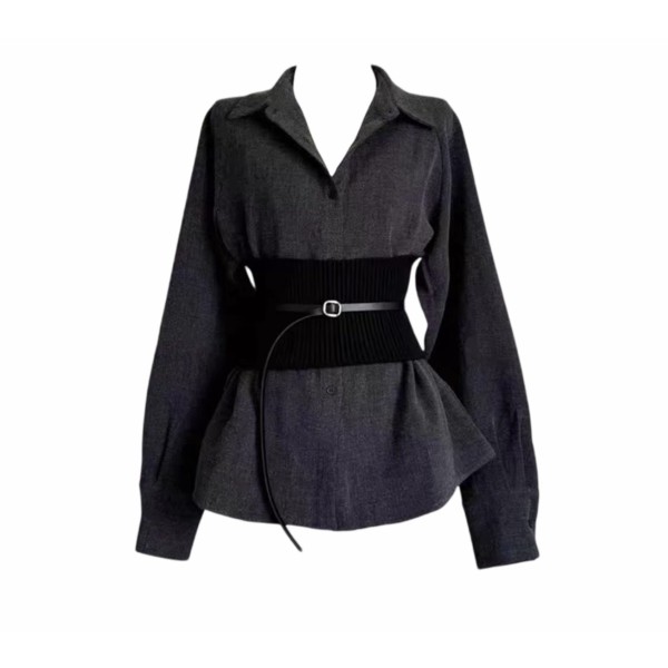 高级灰色衬衫腰封收腰上衣