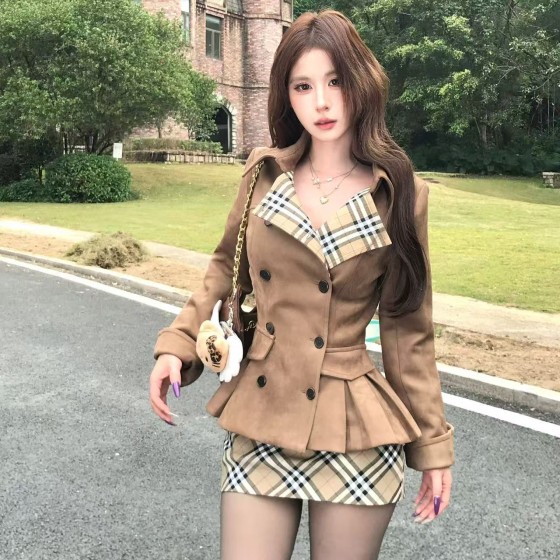 British-style trench coat and checkered set