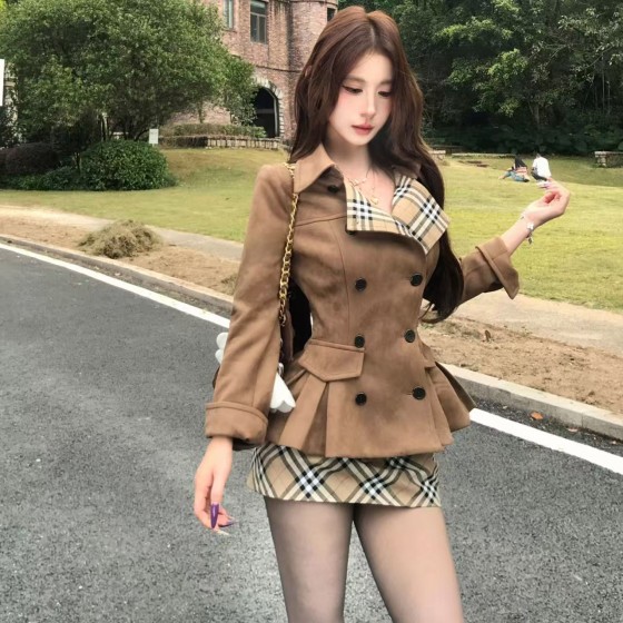 British-style trench coat and checkered set