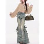 Distressed washed denim design flared pants