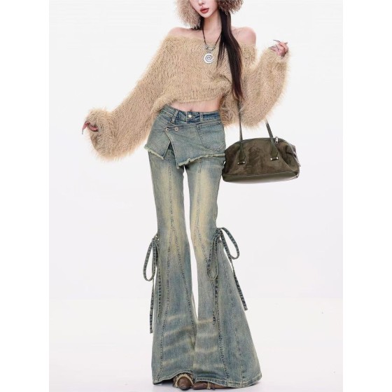 Distressed washed denim design flared pants