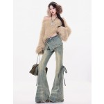 Distressed washed denim design flared pants