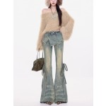 Distressed washed denim design flared pants